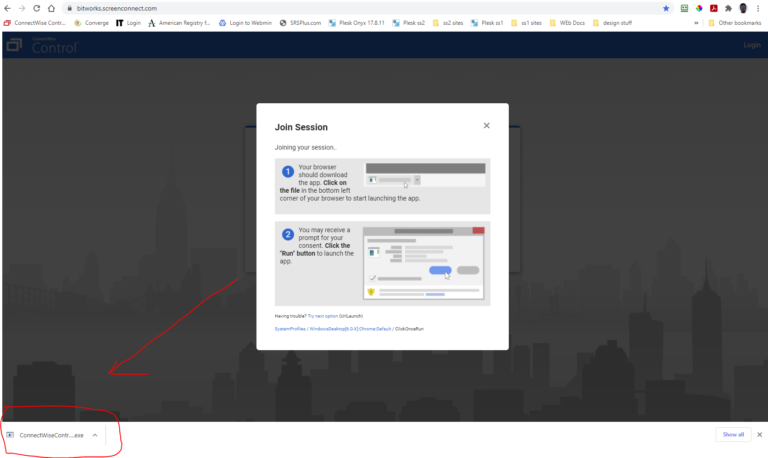 bitworks.screenconnect.com join session download in left corner